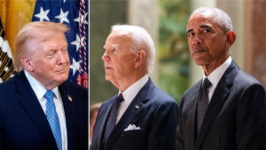 Trump coloca placas burlonas en los retratos de Biden y Obama y desata polémica