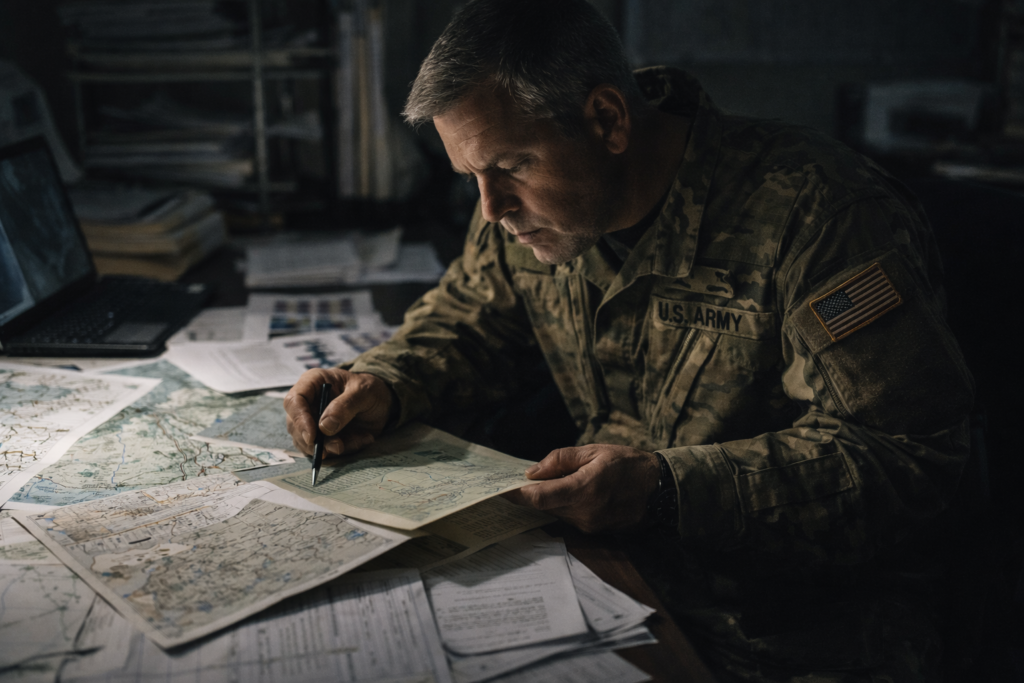 Analista militar revisando mapas detallados